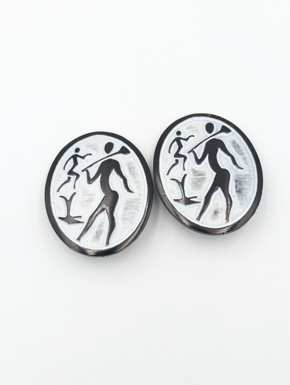 Vintage Western Germany African figures oval white and black clip on earrings